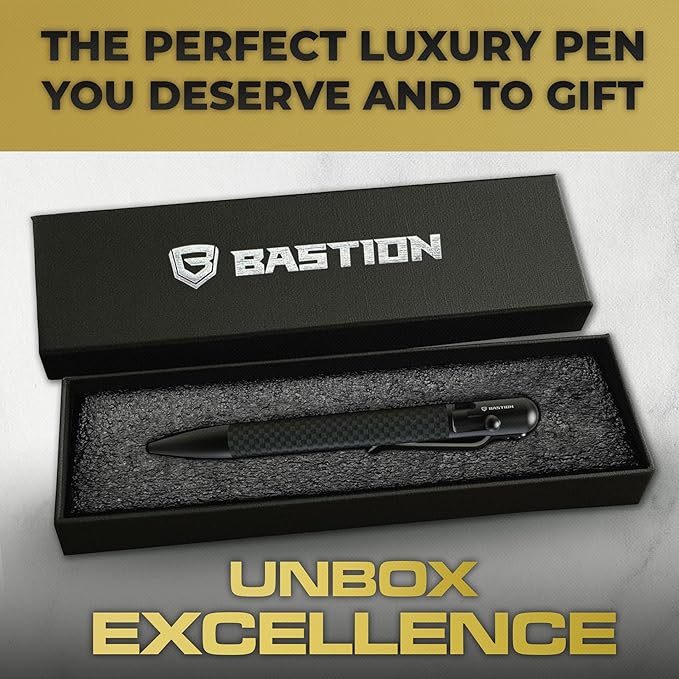 BASTION® Luxury Carbon Fiber Bolt Action Pen Durable Professional Ballpoint Pen for Travel, School and Work Birthday Gift Idea - Black Stainless Steel
