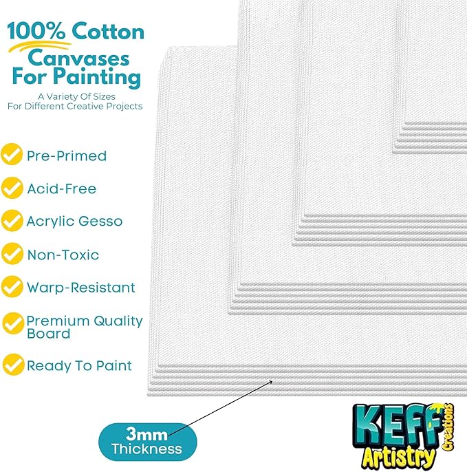 KEFF 24-Pack Canvas for Painting, 6 of 5x7, 8x10, 9x12,11x14 Painting Canvas Boards, Art Supplies for Adults & Kids - 100% Cotton Primed Canvases for Painting for Acrylic, Oil, Watercolor, Tempera