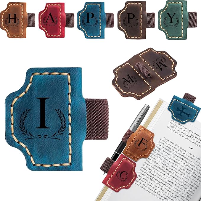Custom Bygone Mark Bookmark with Pen Holder, 26 Letters Name Initial Personalized Magnetic Leather Bookmark, Gifts for Book Lovers, Readers, Travelers, Leather Book Marks (Blue, I)