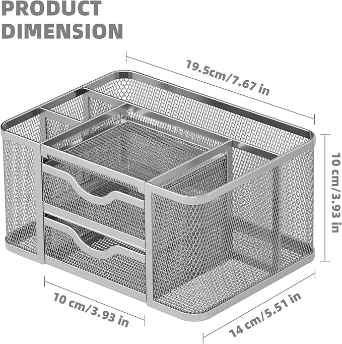 Marbrasse Mesh Desk Organizer, Pen Organizer with 2 Drawer, Multi-Functional Pencil Holder, Desk Organizers and Accessories with 5 Compartments + Drawer for Office Art Supplies (Silver)
