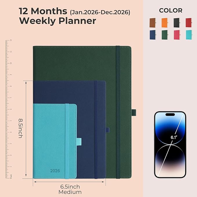 IN-LUXPRO Weekly Monthly 2026 Planner (Jan.26-Dec.26),8.5"x6.5",12 Months Agenda Plan with Month Tabs & Pocket,Expenses/Note Pages, Appointment Book Calendar with Hardcover Vegan Leather Cover,Blue
