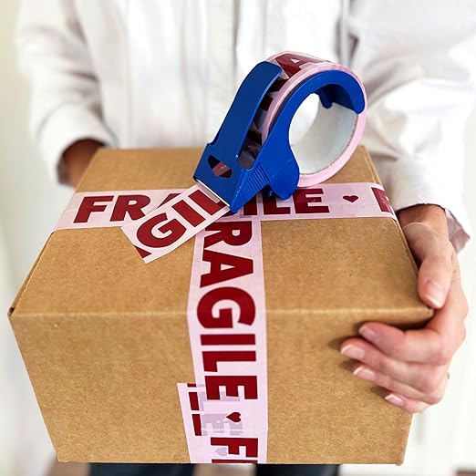 2 Rolls Fragile Packing Tape + Dispenser, Pink Burgundy Heart Cute Designer Packaging and Shipping Supplies for Small Business, 1.88" x 110 Yards (330 feet), Two 55 Yard Rolls