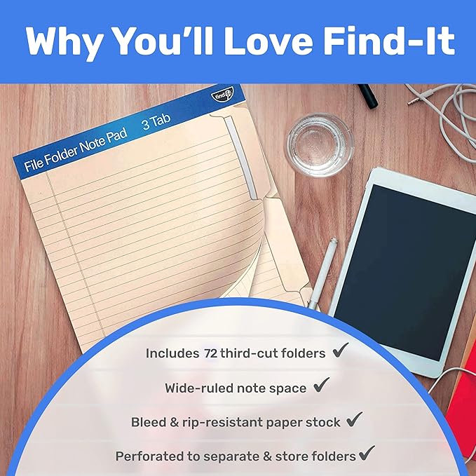 Find It File Folder Notepad - Pack of 72-9.5 x 12.5 Inch Notebook Organizer Folders for Filing, Document, and Clipboard Organization - Cream
