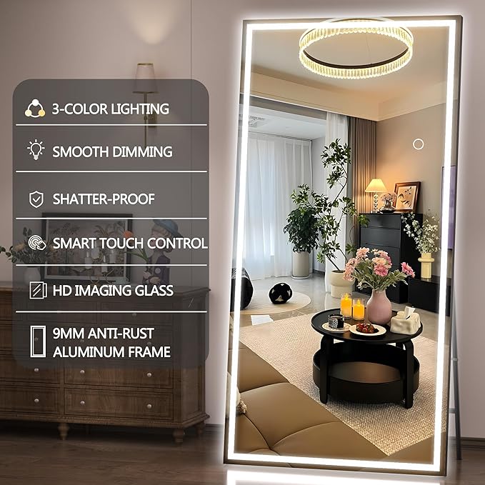 Hasipu Full Length Mirror with Lights, 71" x 27.6" LED Lighted Floor Standing Mirror, Full Body Dressing Hanging Mounted, Dimmable, Tempered Glass, Safe to Use, Square Black
