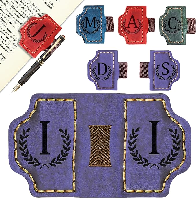 Bygone Mark Bookmark with Pen Holder, 26 Letters Name Initial Personalized Magnetic Bookmarks, Leather Book Mark for Men Women, Travelers Accessories, Teachers Readers Book Lovers Gifts (Purple, I)