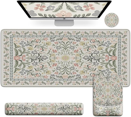 iCasso Mouse Pad with Wrist Rest,Large Desk Mat Set,Ergonomic Keyboard Pad with Wrist Support,Non-Slip Mouse Mat for Women,Cute Floral Computer Mat for Home Office Gaming (Gray Floral)