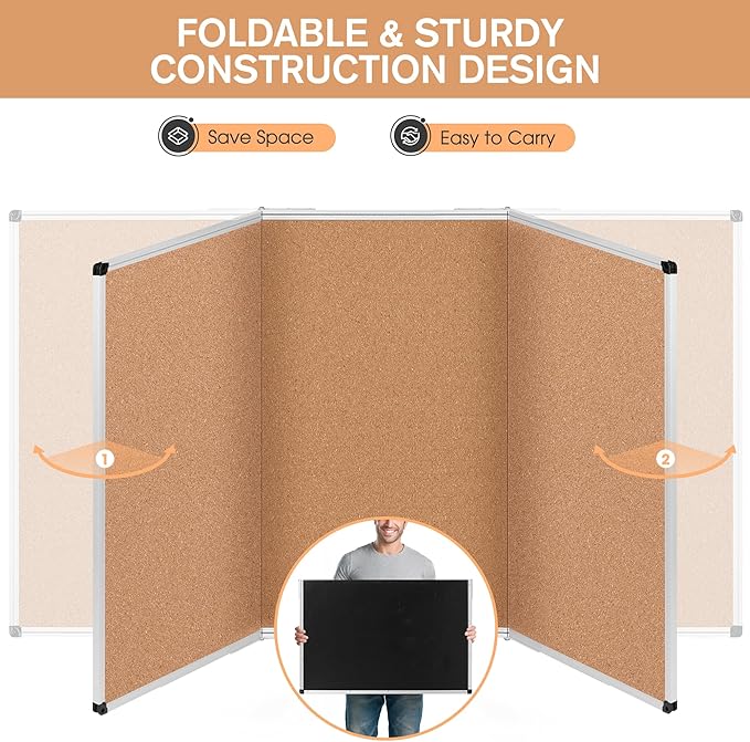 Board2by Extra Large Cork Bulletin Board 96" X 48", Foldable Notice Pin Board for Wall, Silver Aluminum Framed 8'x4' Corkboard, Wall Mounted Noticeboard with 36 Push Pins for School, Home & Office