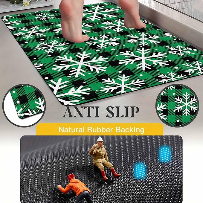 Merry Christmas Door Mat Xmas Snowflakes Doormat Non Slip Rubber Entry Front Porch Rugs Green Plaid Welcome Mats for Christmas Indoor Outdoors, 18" x 30"Inch