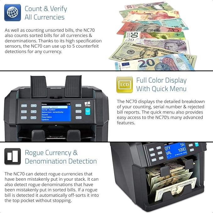 ZZap NC70 Mixed Denomination Bill Counter/2 Pocket Sorter/Counterfeit Detector - Money Cash Value Currency Machine