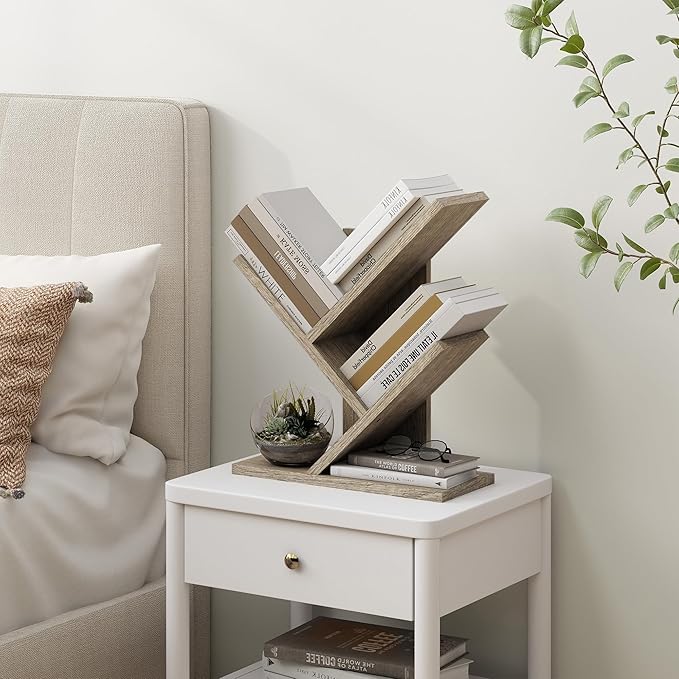 Tajsoon 3 Tier Tree Bookshelf, Small Bookshelf, Desktop Bookshelf Floor Standing Bookcase Display for CDs/Magazine/Books, Book Organizer Shelves for Bedroom, Living Room, Office, Greige