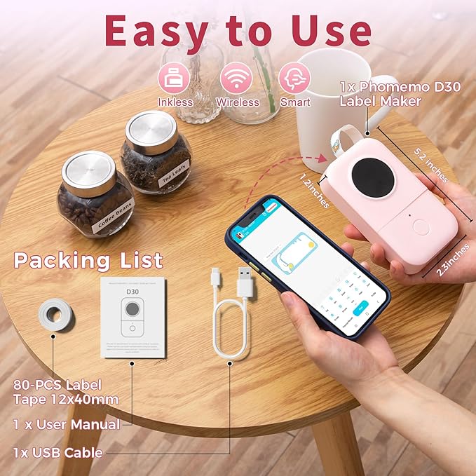 Phomemo Label Maker Machine, D30 Portable Handheld Bluetooth Mini Label Printer, Multiple Templates Smartphone Thermal Small Label Maker for Kids School Items, Classroom Teacher Supplies, Easy to Use
