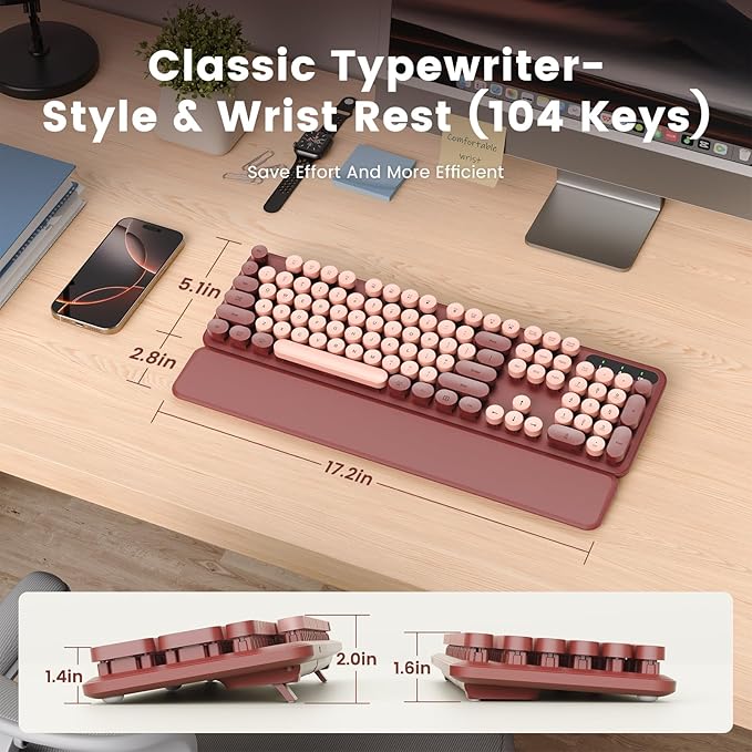 SABLUTE Wireless Keyboard, Round Keycaps, Retro Typewriter Keyboard with Detachable Wrist Rest, Sleep Mode, Foldable Legs, 2.4GHz Full-Size Cordless Computer Keyboard for Windows/PC/Laptop (Wine Red)