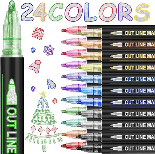 Shimmer Markers for Doodling Outline Pens – 24 Cool Marker Art Supplies for Girls Ages 8-12, Dazzling Metallic Glitter Outline Marker pens for Card Making Art Craft Super Squiggle Double Line Markers