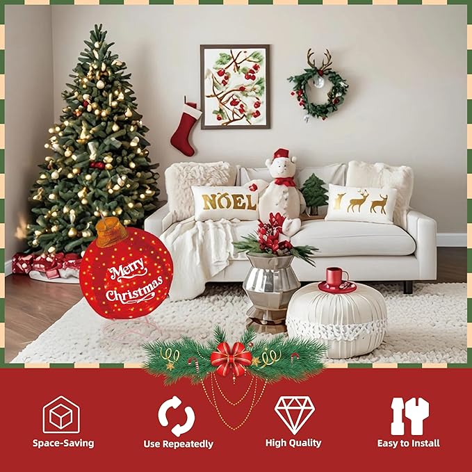 2-Pack Lighted Pop-Up Christmas Ball with 180 LEDs & 8 Light Functions, Holiday Yard Decor，Outdoor Christmas Decorations