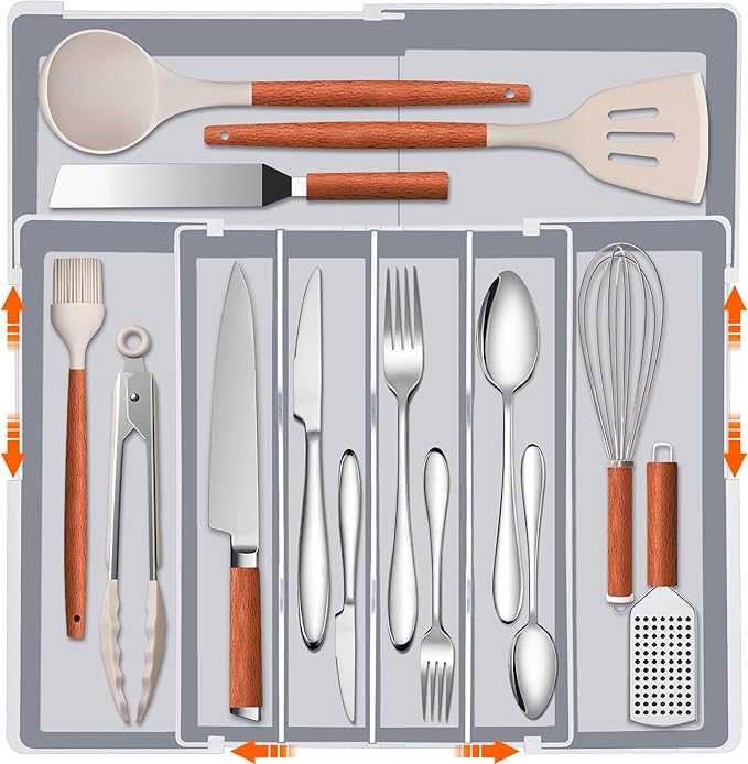 Expandable Large Silverware Organizer - BPA-Free Food-Safe Kitchen Utensil Drawer Organizer, Adjustable 4-7 Deeper Slots Cutlery Tray for Forks Knives, Kitchen Organizers and Storage Solution