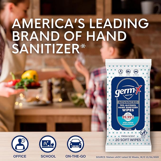 Germ-X Advanced Single-Use Hand Sanitizer Wipes, 20 Soft Wipes, Non-Drying Hand Sanitizer, Instant No Rinse Formula, Back to School Supplies, 70% Alcohol-Based Moisturizing Hand Sanitizer (Pack of 10)