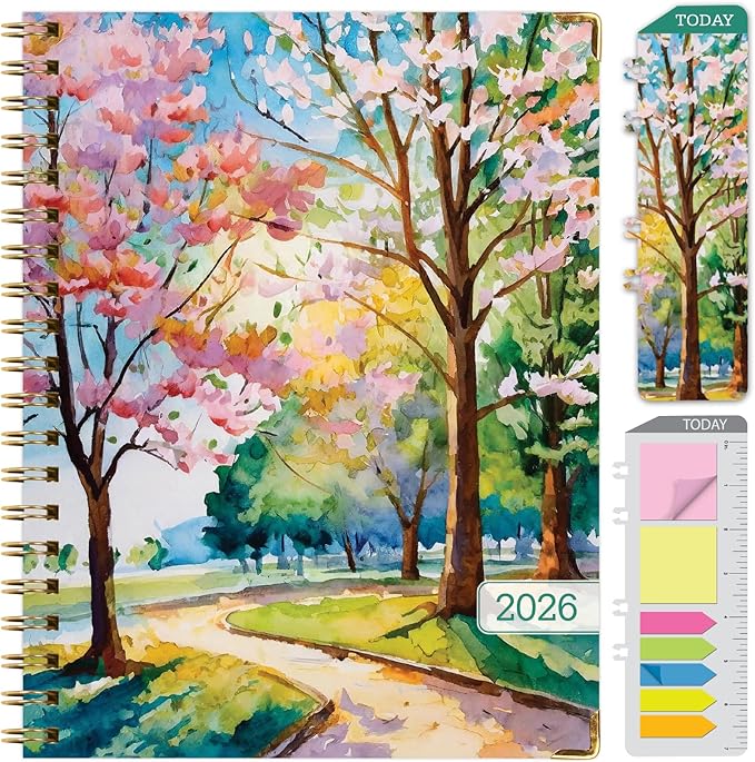 HARDCOVER 2026 Planner, 8.5"x11": 14 Months (November 2025 - December 2026), Daily Weekly Monthly Planner, Yearly Agenda, Bookmark, Pocket Folder and Sticky Note Set (Watercolor Tree)