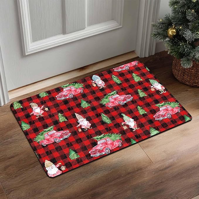 Christmas Front Door Mat Entryway Rug Buffalo Plaid Welcome Matt Front Porch Rugs Santa Claus Truck Doormat Outdoor Entrance Outdoor Rug Floor Mats, 16" x 24" Inch