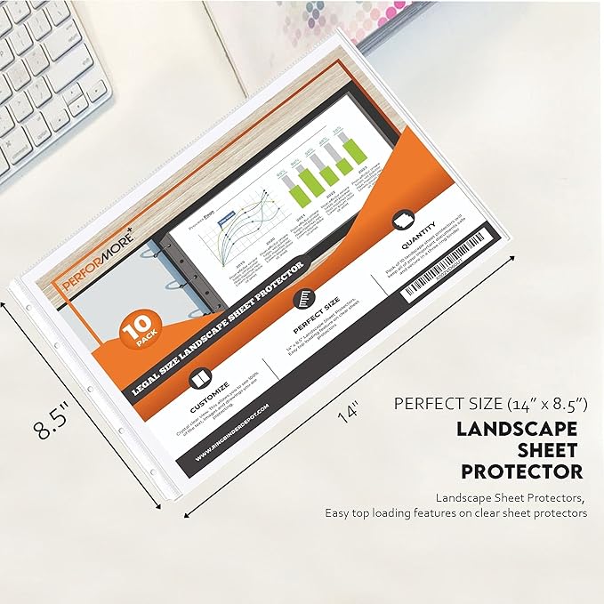 PERFORMORE 10 Pack of 8.5” x 14” Heavyweight Landscape Sheet Protectors, Legal Paper Sleeves, Clear Archival Quality, Horizontal Legal Size Clear Sheet Protectors for Binders Documents