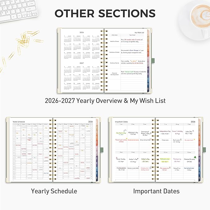 RETTACY 2026 Planner, Weekly and Monthly, Medium Size (5.7" x 8.3"), Jan - Dec 2026, Agenda, Calendar, 12 Month Tabs, Hardcover, 100 GSM Thick Paper, Spiral-bound (Light Green)