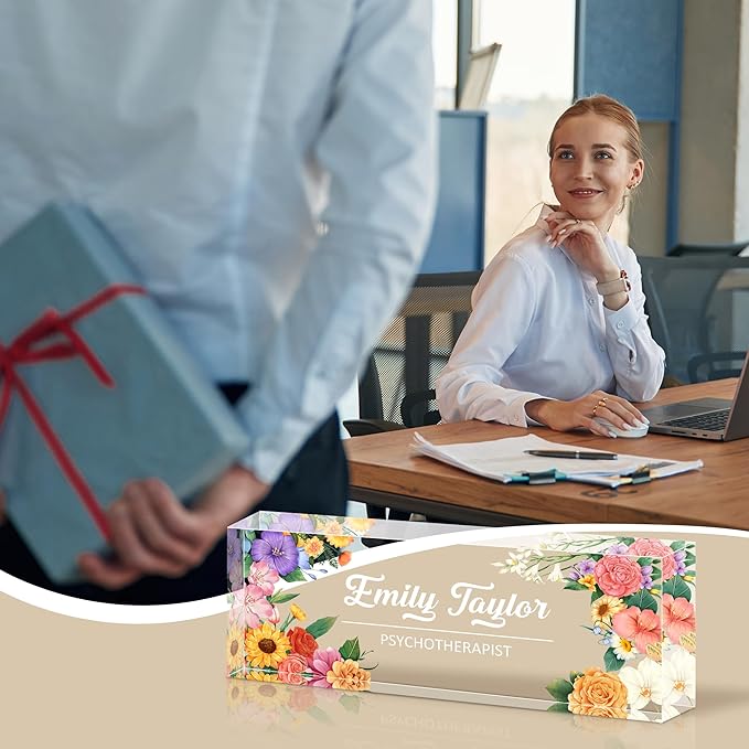 Ship Next Day Personalized Name Plate for Desk, Custom Acrylic Desk Name Sign, Office Appreciation Gifts for Women Men Coworkers Boss Teacher Employee (Flower)