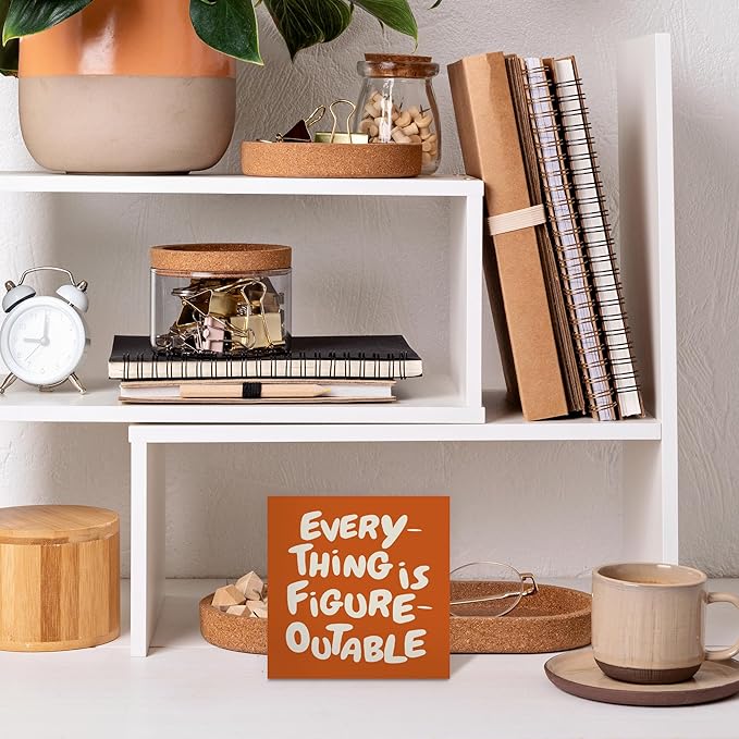 Inspirational Orange Office Decor, Every Thing is Figure Outable Motivational Office Accessories Wooden Box Sign, Inspirational Gifts for Women, Men Wall Desk Shelf Tabletop Decoration 5x5In