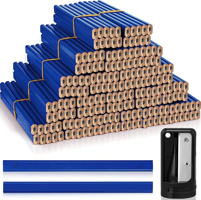 Honoson 200 Pcs Flat Construction Pencils with Printed Ruler Wood Graphite 2 Pcs Carpenter Pencil Sharpener for Woodworking Marking Tool(Blue)