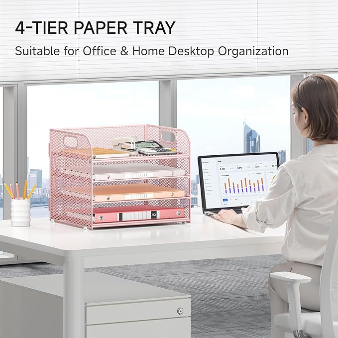 4-Tier Paper Organizer for Desk With Handle, Mesh Desktop File Tray, Office Classroom Organization and Storage - Pink