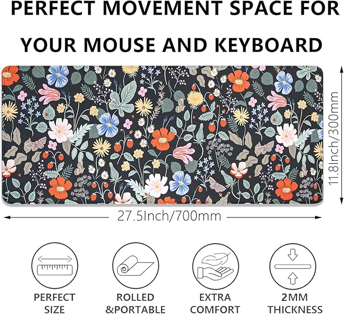 Strawberry Flowers Mouse Pad Desk Pad,Extended Gaming Mouse Mat with Stitched Edges Non-Slip Waterproof Rubber Base Mous Mat for Office,Computer,Keyboard,Laptop and Home Desk Pad(27.5X11.8 in)