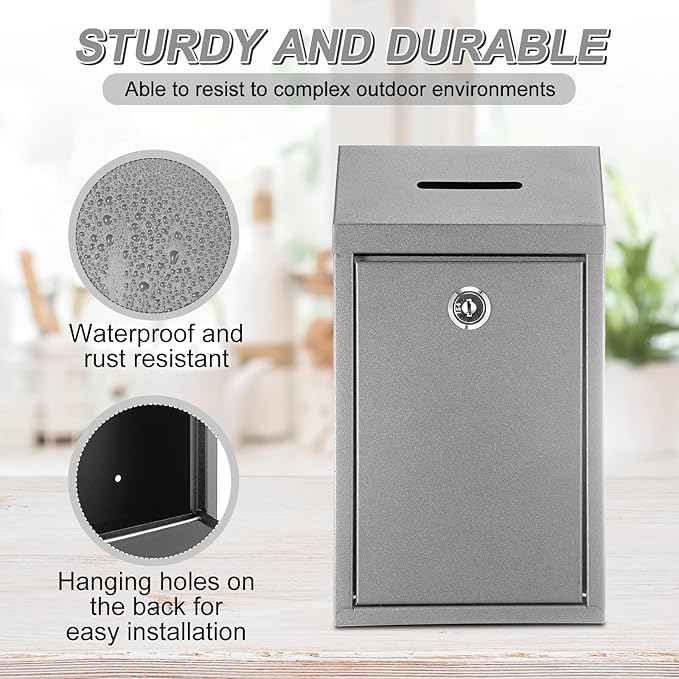 Metal Donation Cash Box Collection Safe Suggestion Box with Lock Wall Mounted Mailbox Delivery Ballot Container for Home Office Outdoor Door