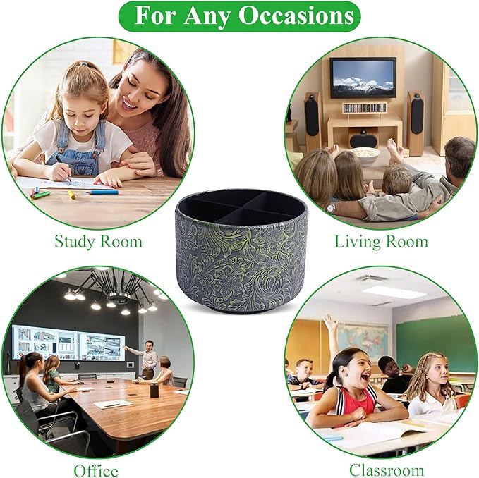 lizimandu Round Leather Art Supply Organizer,Remote Control Holder,360 Degree Spinning,Multi-Functional Pencil Holder,4 Compartments Desktop Stationary Organizer(1-Carved Metal Green2)
