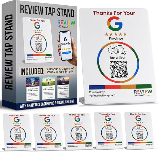 NFC Tap Stand (6-Pack) by Review Highway - Compatible with Google Reviews - NFC Tap & QR Scan for Instant Reviews - Boost SEO - iPhone/Android Compatible – Reusable and Zappy Fast (White, 6 Stands)