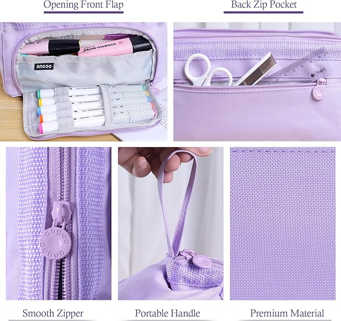 MAMUNU Pencil Case Pouch Large Capacity with Compartments, Pencil Case Pouch Bag with Zipper Handle for Teen Girls Adults Women, Portable Pen Bag Stationery Organizer for Office School Travel, Purple