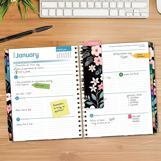 HARDCOVER 2026 Planner, 8.5"x11": 14 Months (November 2025 - December 2026), Daily Weekly Monthly Planner, Yearly Agenda, Bookmark, Pocket Folder and Sticky Note Set (Black Floral Pink)