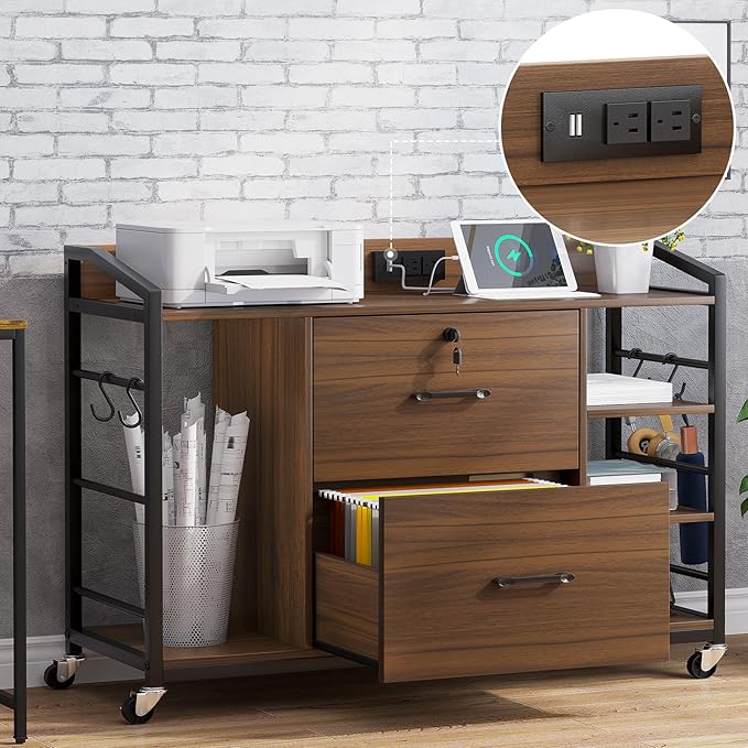 SEDETA 44" File Cabinet, Filing Cabinet fits Legal/Letter Size, 2 Drawer File Cabinets for Home Office with Lock, Power Strip, 6 Storage Shelves, Walnut Brown