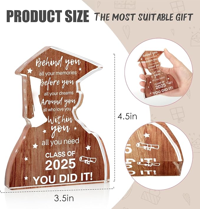 2025 Graduation Gifts for Him Class Of 2025 College Graduation Decoration, Inspirational Positive Congratulations Graduation Quote Behind You All Your Memories Card Wood-Like Acrylic Plaque Desk Decor