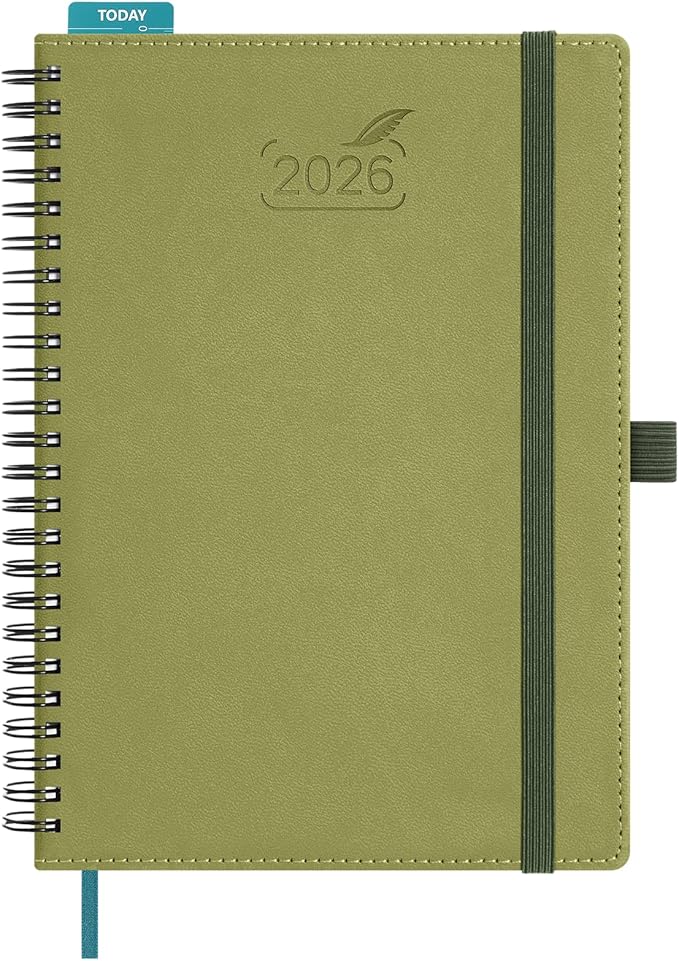 BEZEND 2026 Planner Weekly and Monthly (6" x 8.5" Spiral) Daily Calendar with Half-Hourly Timeslots & Tabs (Jan-Dec) Note & Expenses, Pen Holder, Inner Pocket, Vegan Leather Softcover - Kiwi