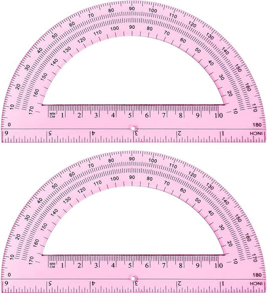 Zonon 2 Pcs 6 Inch Plastic Protractor Math Protractors 180 Degrees Angle Measurement, Translucent for Geometry Classroom Kid Student School Office Supplies(Light Pink)