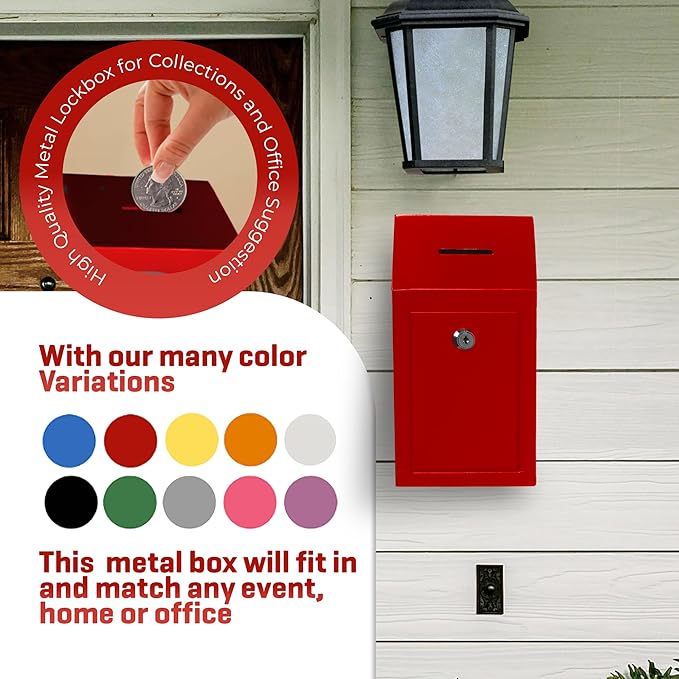 Metal Donation Box-Suggestion Box with Slot and lock-Cash Lock box for Money-Secure Drop Box-Comment and ballot voting box-comes with pre-drilled holes for easy wall mounting 10 X 6 X 2.5"(Red)