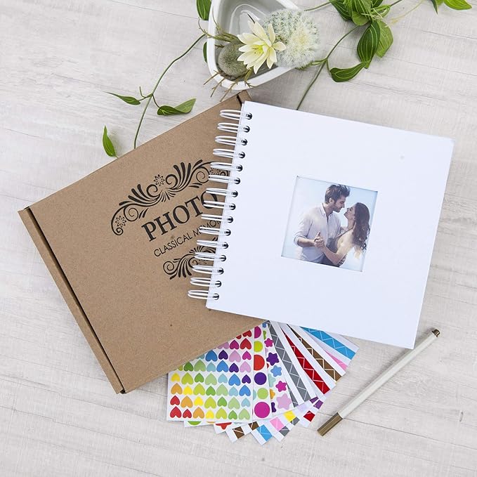 8 x 8 Inch Small DIY Scrapbook Photo Album with Window Design Cover 80 Pages Craft Paper Memory Book for Weeding Family Travel and Baby (White)