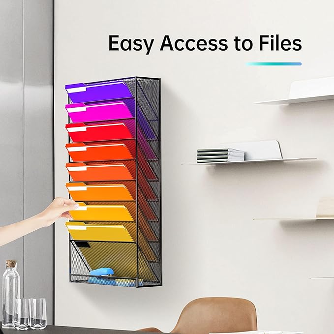 10 Tier Wall File Organizer, Hanging Wall Mount File Holder Paper Folder Mail Organizer, Mesh Metal, Black 2Pack