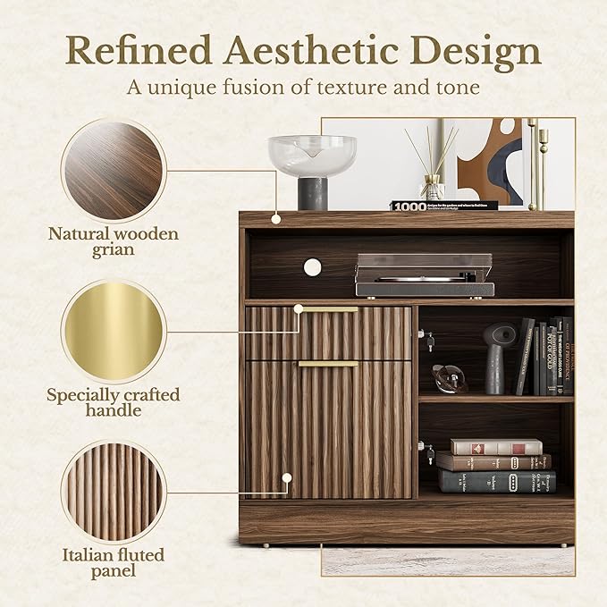 2 Drawer Fluted File Cabinet, 32'' Lateral File Cabinet with Lock and AC/USB for Legal/Letter/A4/F4 Size, Wood Filing Cabinet with Storage Shelves for Home Office, Black Walnut