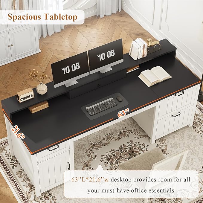 SEDETA Farmhouse 63" Executive Desk, Home Office Desk with File Drawer and Monitor Stand, Computer Desk with Drawers and Storage Cabinet, Wood Desk for Work Study Writing, White