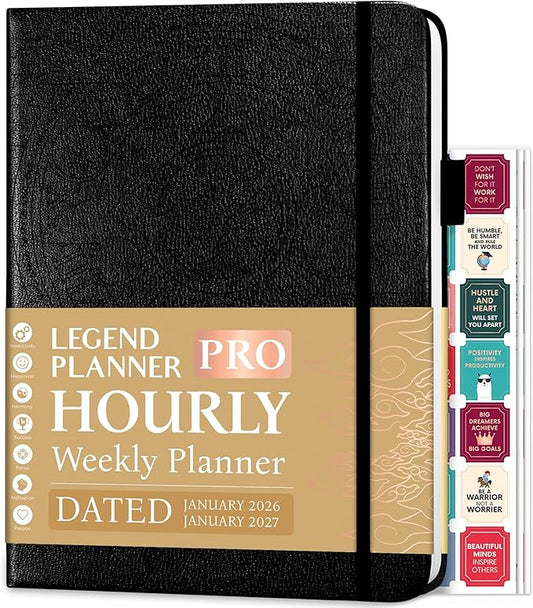 Legend Hourly Schedule Planner PRO Dated Jan 2026-Jan 2027 – Deluxe Weekly & Daily Organizer with Time Slots. Appointment Book Journal for Work & Time Management, A4 Hardcover, Black