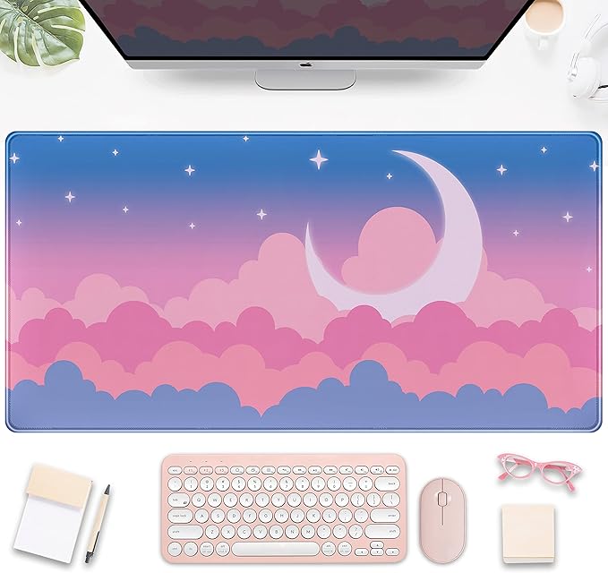 Cute Clouds Desk Mat Kawaii Desk Pad Gaming Mouse Pad Large Blue Sky Deskmat XXL Mousepad, Pink Purple Keyboard Mouse Mat Computer Mat for Desk, Kawaii Desk Decor for Women Girls 31.5X15.75 in