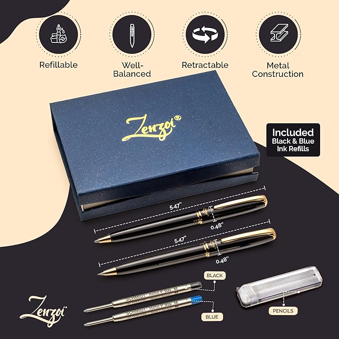 ZenZoi Luxury Black Pen & Pencil Set - Metal, Retractable Executive Ballpoint & Mechanical Pencil 0.7 MM - Fancy, Quality Gift Set for Men, Women - Professional, Office Writing Instruments