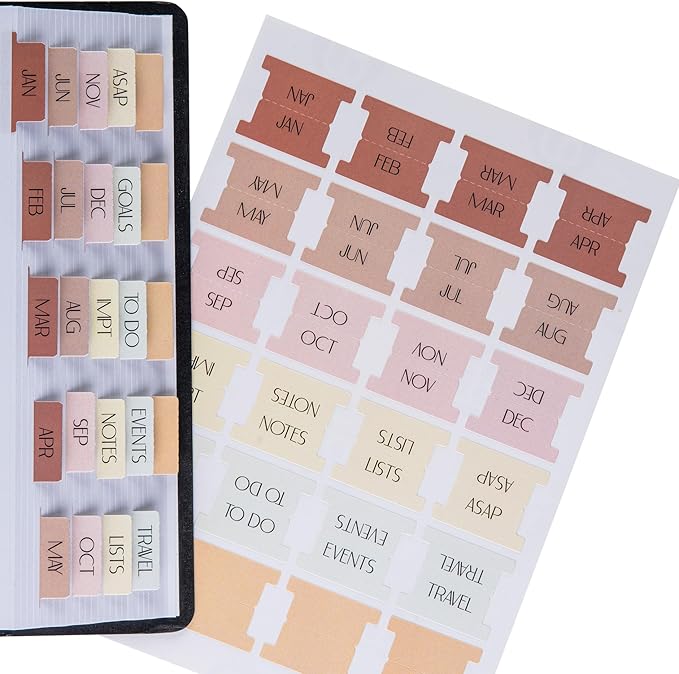 DiverseBee Laminated Planner Monthly Tabs, 24 Peel and Stick Tabs for Notebooks (12 Month Tabs and 4 Blank Tabs), Calendar Monthly Tab Stickers for Planners, Monthly Dividers (Peony)