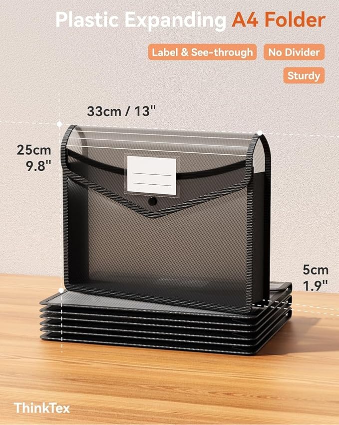 ThinkTex Plastic Expanding File Folder, Transparent envelopes with Snap Closure, Home &Office&School & Hospital No Dividers, Large Capacity, Clean envelopes, Fit Letter/A4 Size - 10 Pcs