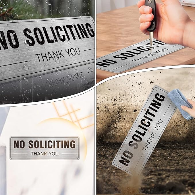 No Soliciting Sign Aluminum Silver 9 x 3 Inches Self-Adhesive Waterproof Metal Door Wall Sign for Business Houses 4 Pack