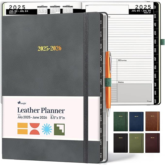 Ensight 2025-2026 HARDCOVER Leather Planner Weekly & Monthly - 8.5x11 Inches - Academic Planner Business Personal or Student - Pen Holder, Thick Paper, July 2025 - June 2026 (Grey)